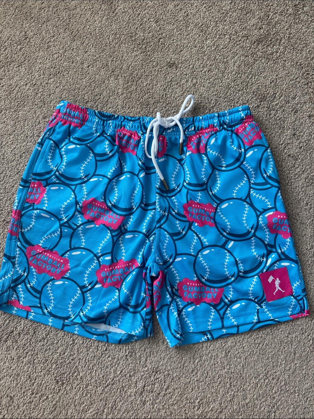 Bright Blue Baseball-Print Kids Swim Shorts with Pink Accents